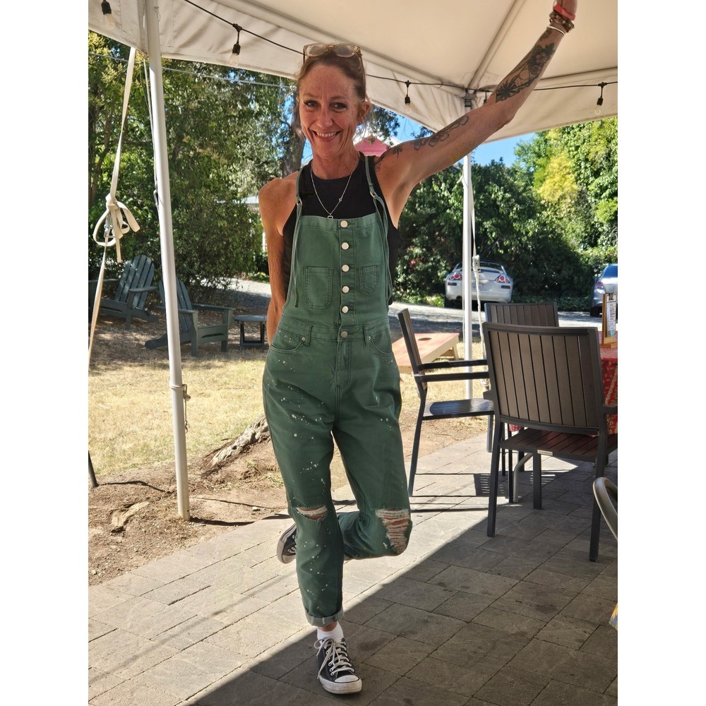 Easel Green Paint Splatter Distressed Denim Overalls Sage Green Large NWT